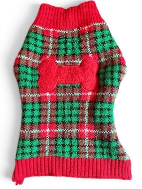 Simply Dog Festive Red & Green Plaid Dog Sweater with Bone Accent Sz M